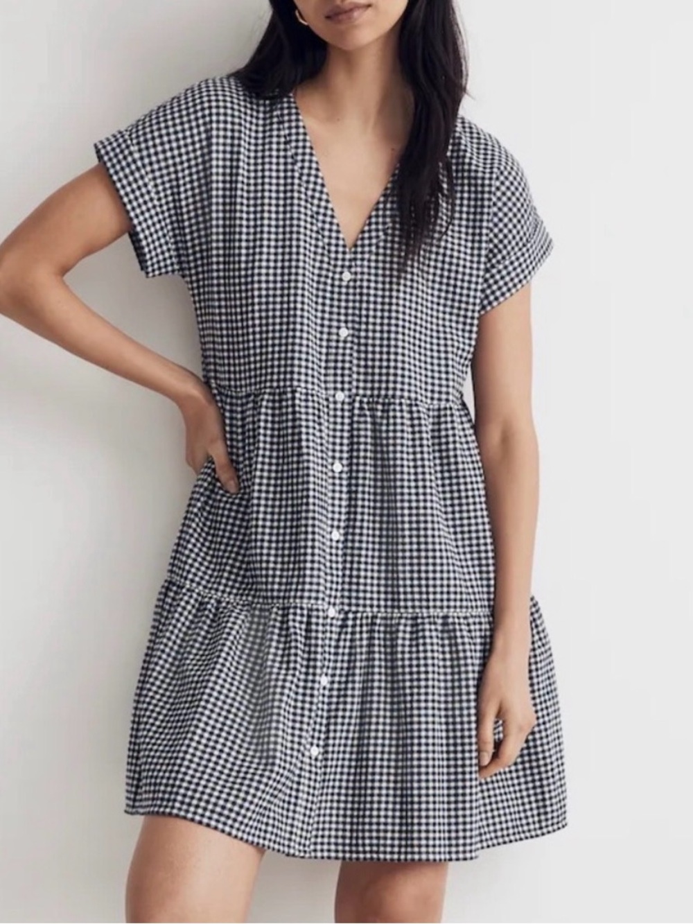 Madewell Black and White Gingham Button-Tier Mini Dress
